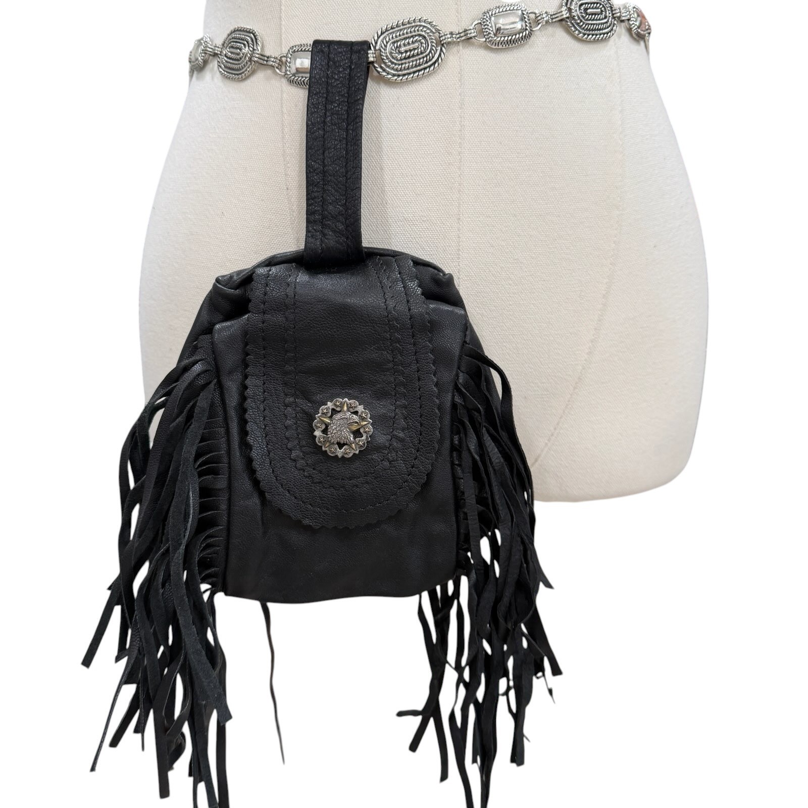 Bikers Shield Blk Leather Fringe Belt Bag Western Boho Festival Biker Pouch