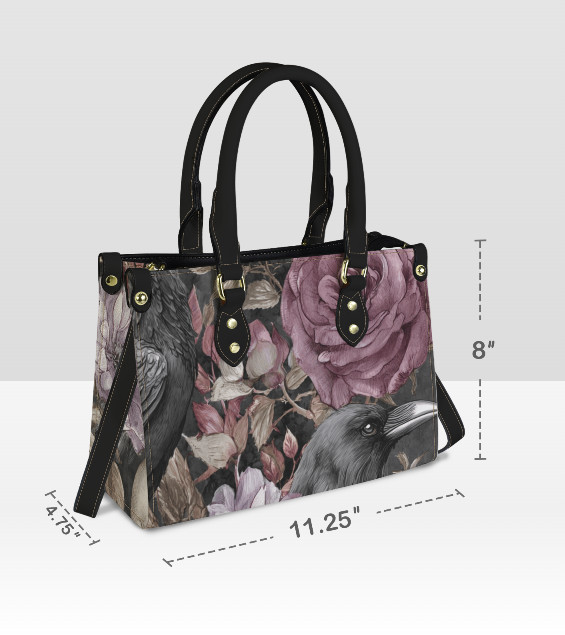 Gothic Black Crow Scull Lavender Roses Shoulder, Hand Bag, Satchel Floral Medium