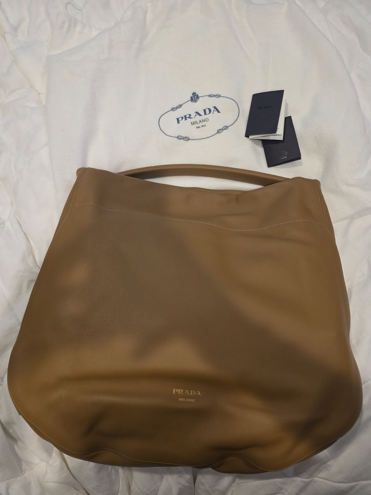 Authentic Brand New PRADA Vitello Phenix Hobo Brown/Camel Leather