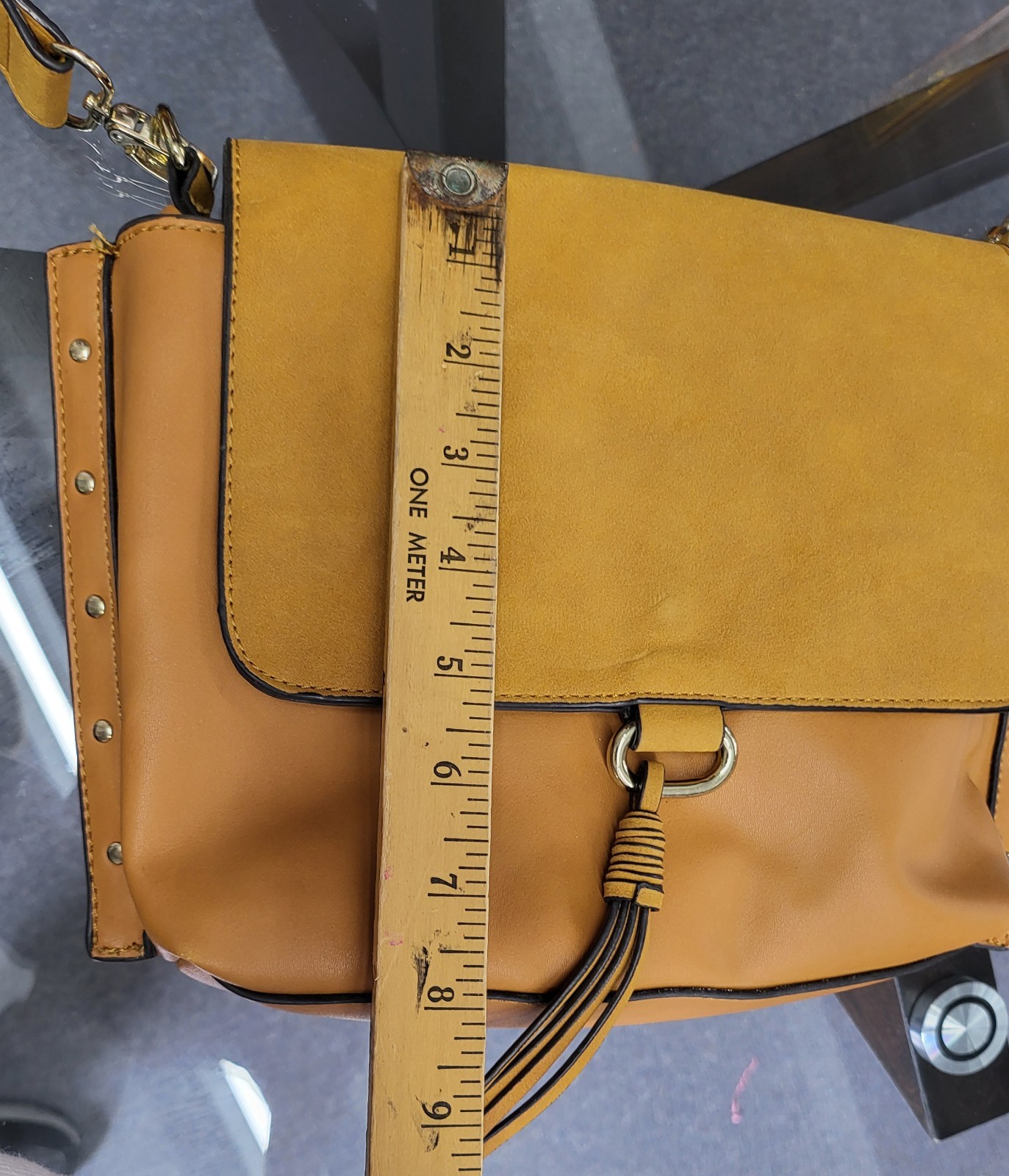 JustFab Tan Boho Mixed Media Crossbody Bag – Tassel & Studs