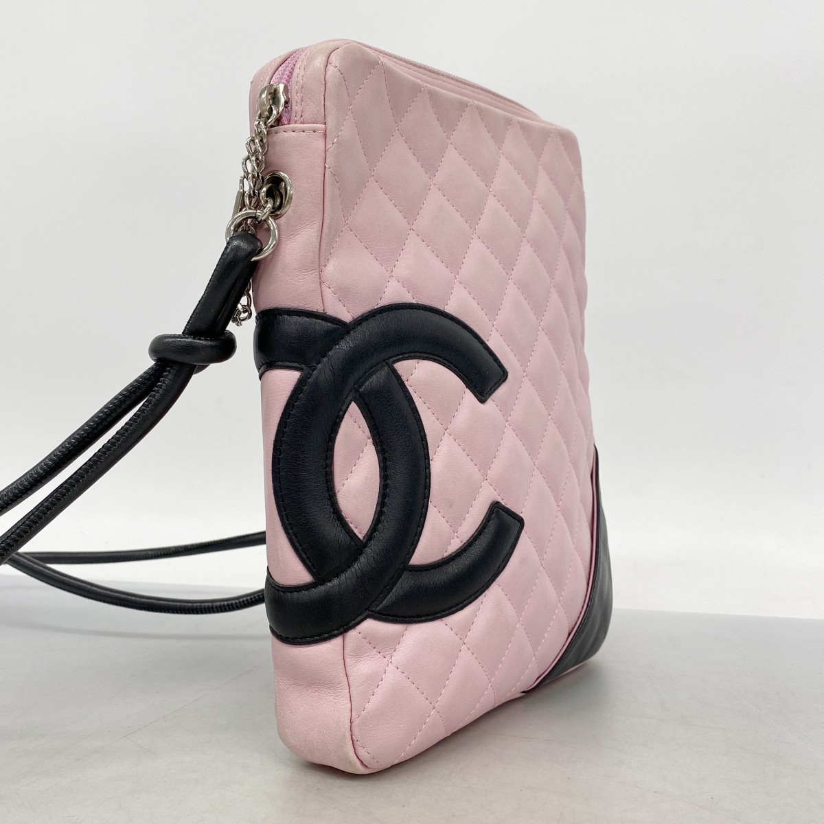 Auth [6gd4400-k] CHANEL Shoulder Bag Cambon Lambskin Pink Black Silver metal…