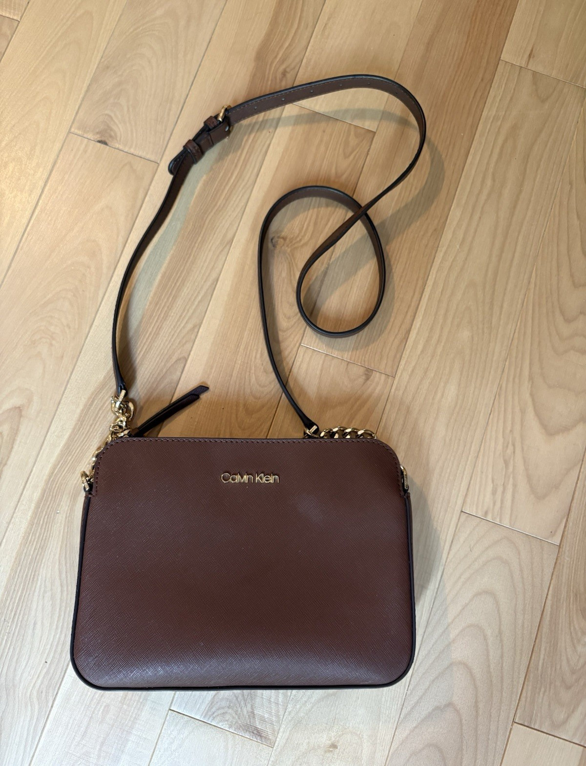 Calvin Klein Brown Crossbody Bag Zip Top Gold Chain Accent in Strap