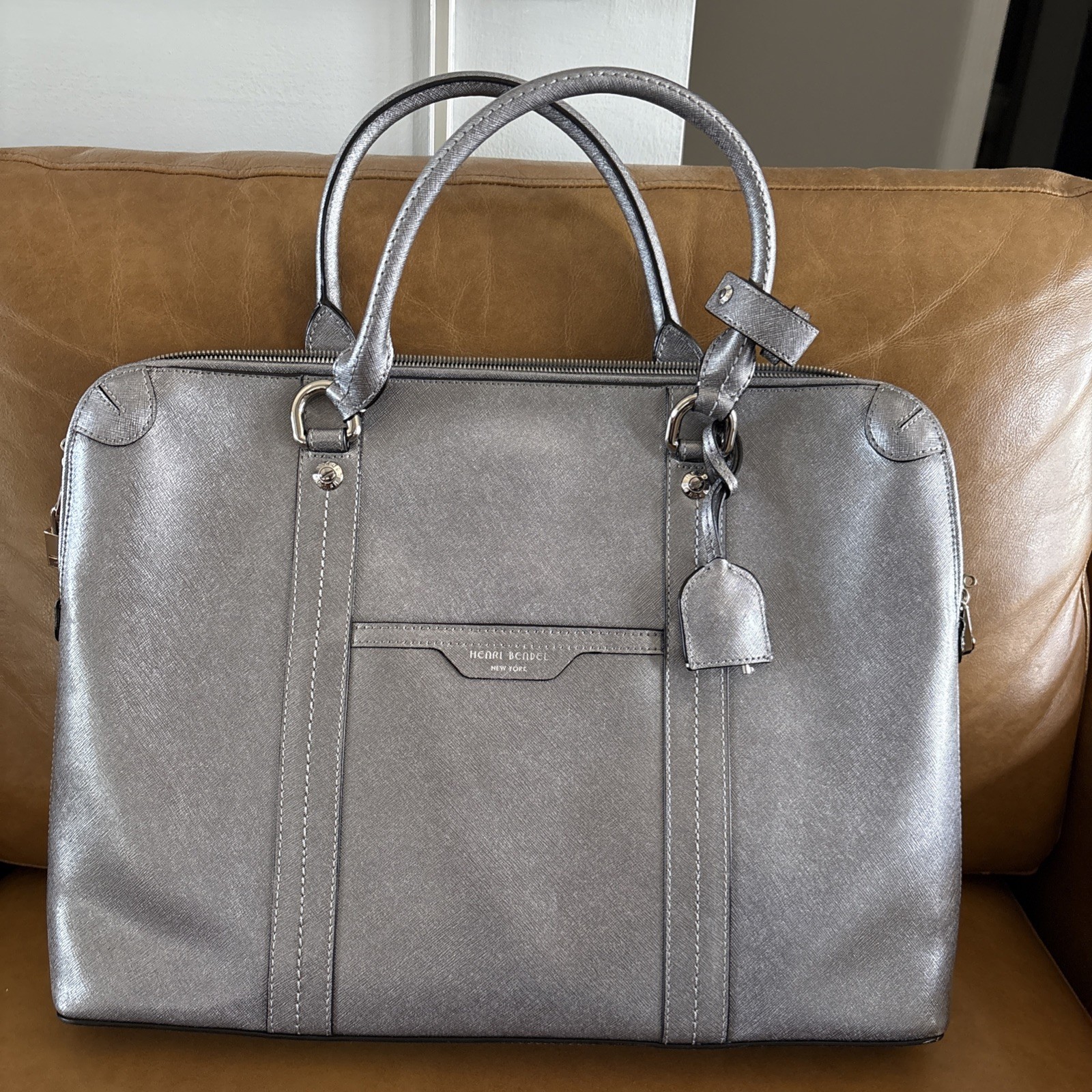 NWOT RARE Henri Bendel West 57th Metallic Silver Saffiano Leather Briefcase Bag