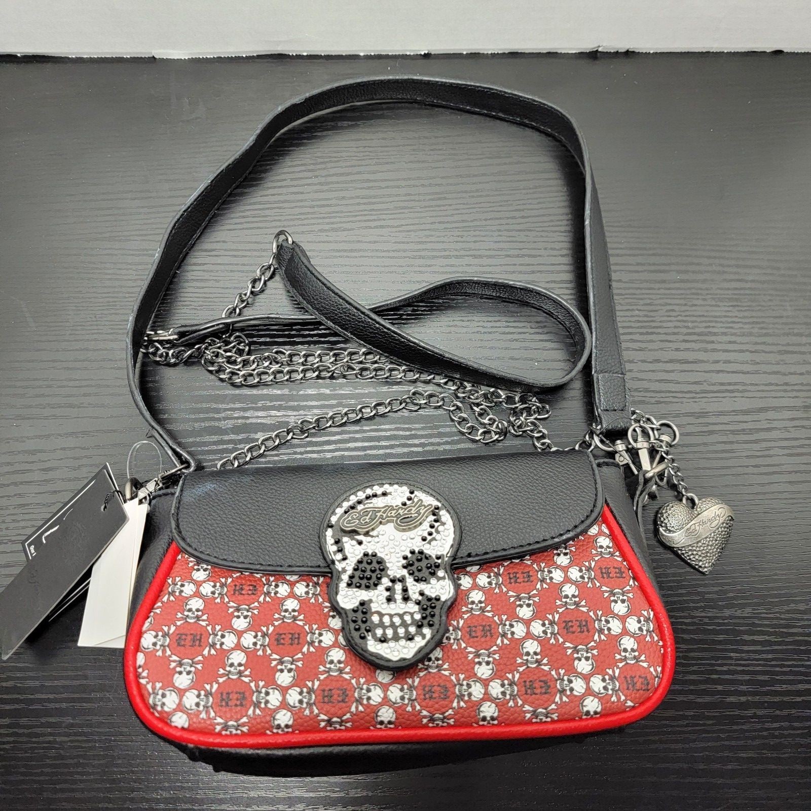 Ed Hardy Red and Black Skull Crossbody Bag with Chain Strap