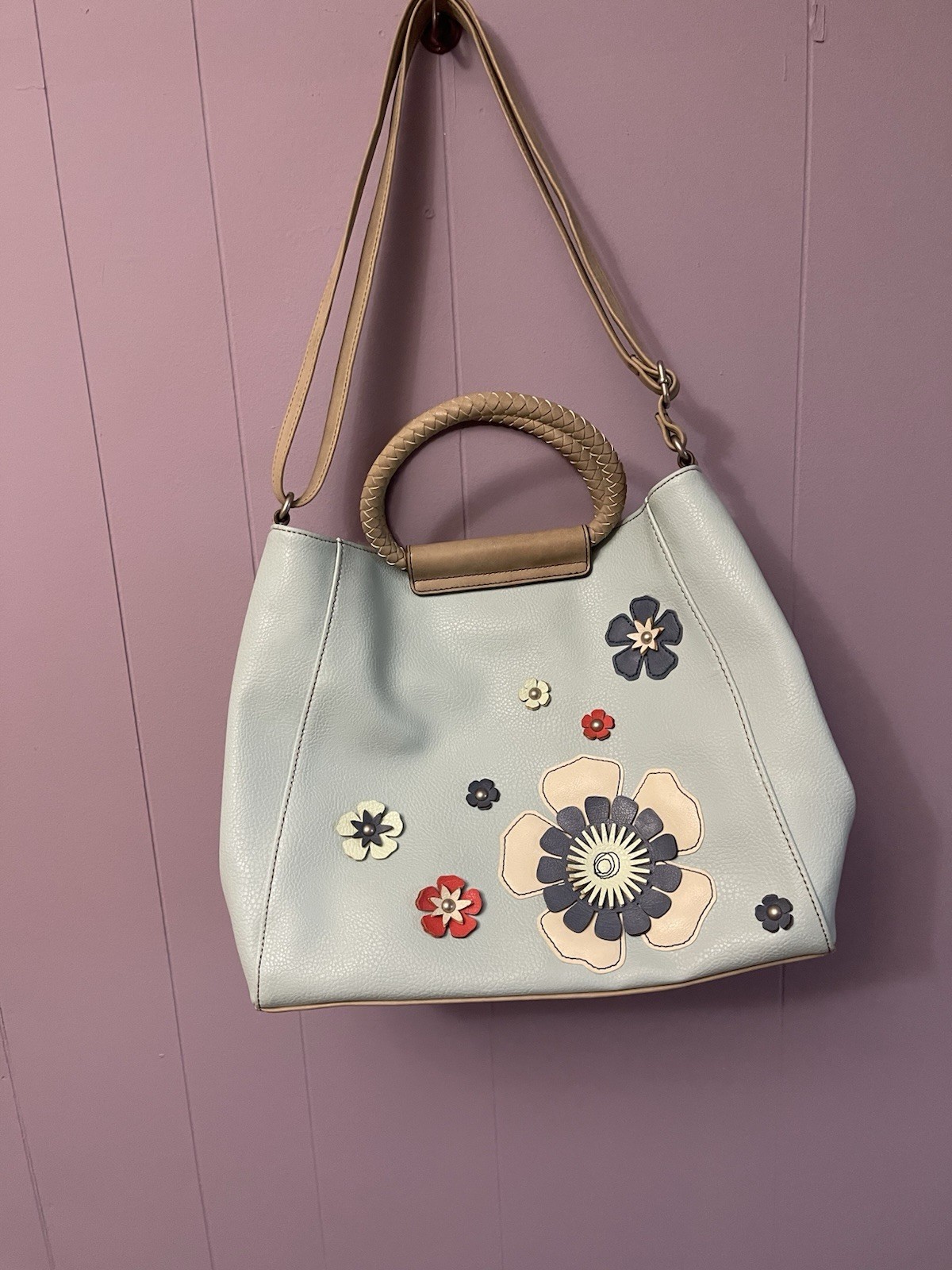 Relic Blue Floral Applique Satchel Top Handle Braided, Zip/Magnetic, Pockets