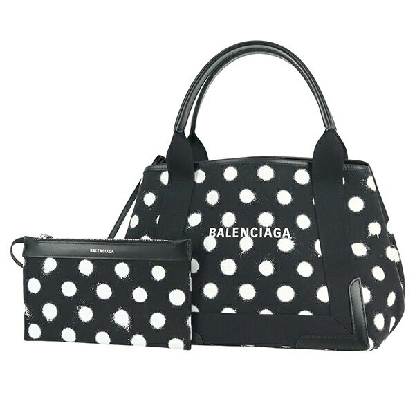 Balenciaga Small Tote Bag Navy Cabas S Polka Dot Black White Canvas Leather 99