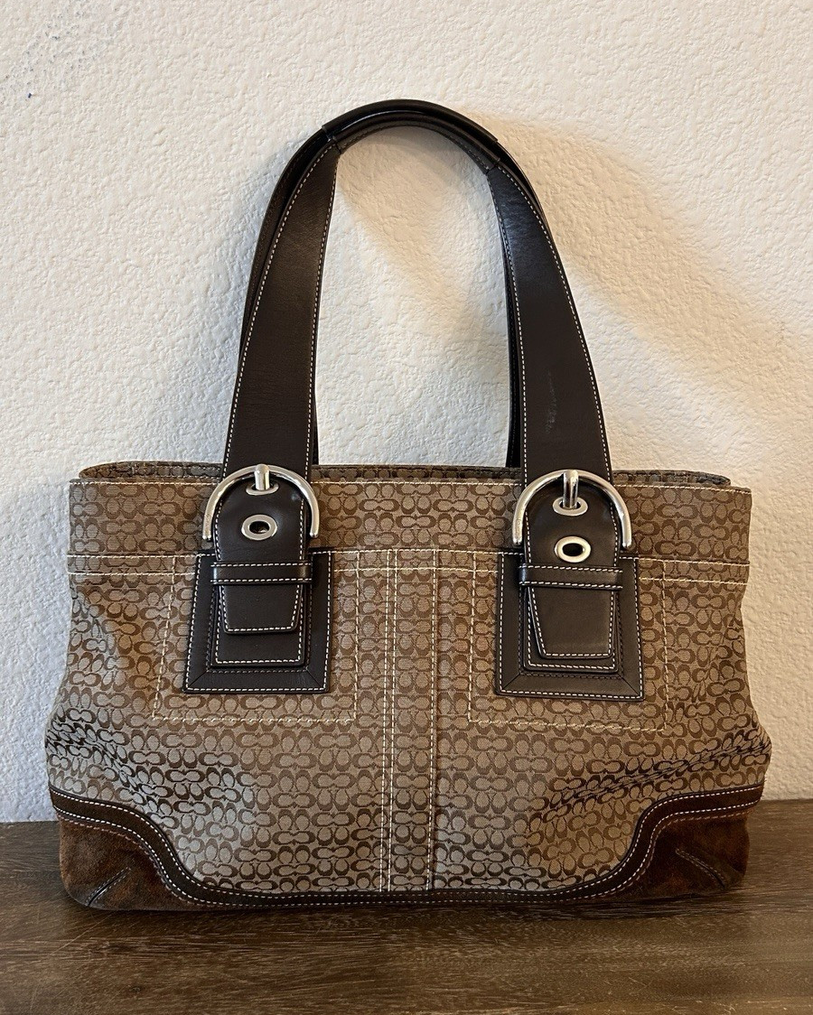 Coach Signature Brown Beige Tote Bag, Zip Closure, Lined, Inner Pockets