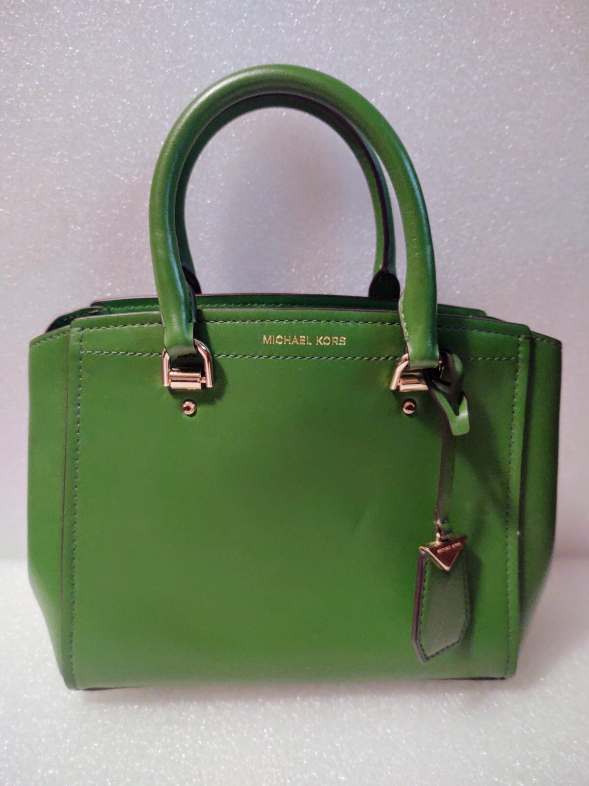 MICHAEL KORS “BENNING” MEDIUM GREEN LEATHER SATCHEL MESSENGER HANDBAG PURSE NWT