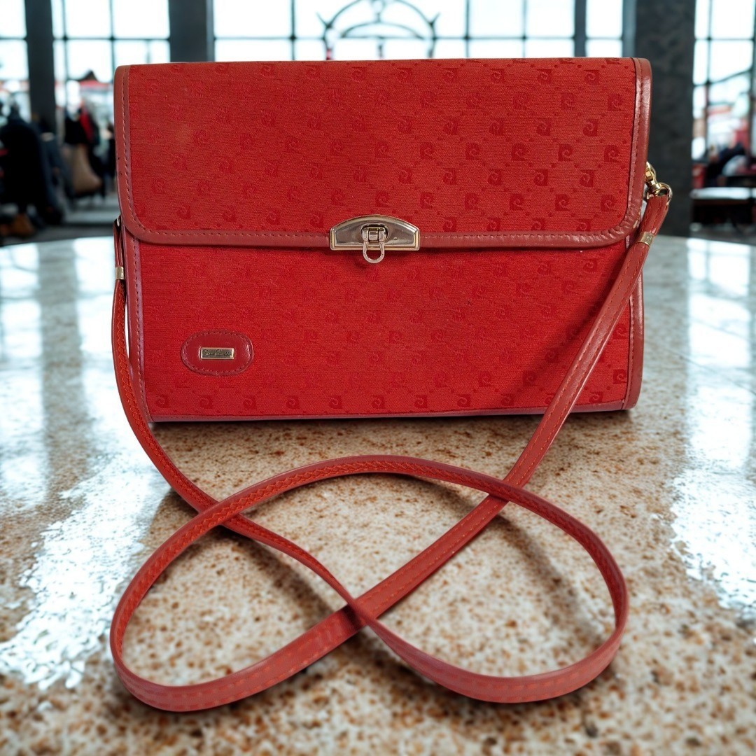 VTG Pierre Cardin Monogram Crossbody Bag Red Canvas Jacquard Logo 70s 80s Purse