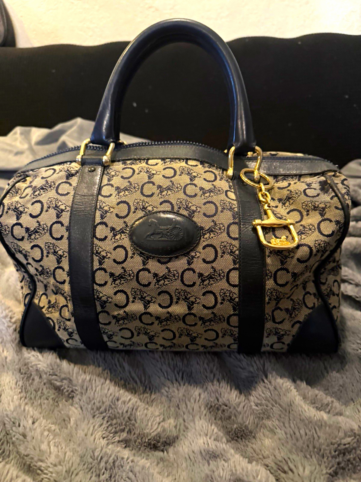 CELINE Paris Navy/Beige Logo Satchel Top Handle Zip Bag Charm Gold Hardware