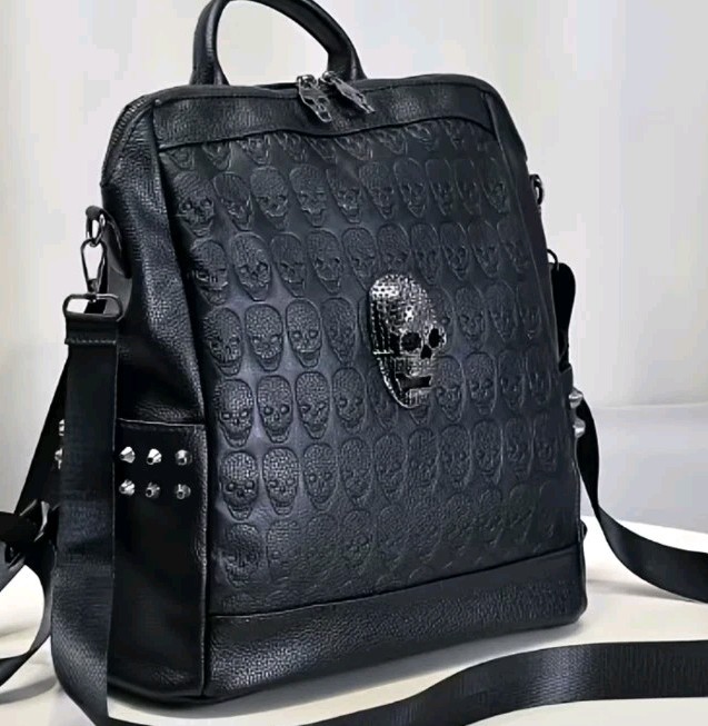 Gothic Metal Skull Black Backpack PVC W/embossed Skulls Medium Adjustable