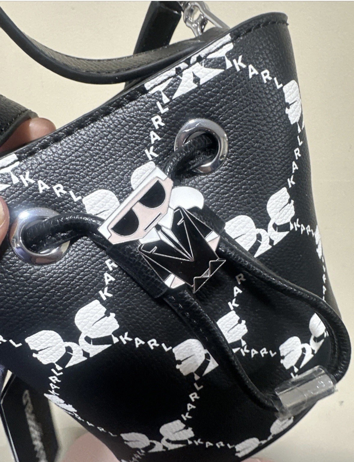 Karl Lagerfeld Paris Mini Drawstring Bucket Bag Black Logo NWT RARE CUTE RP:$168