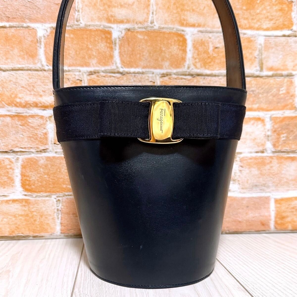 Ferragamo Vara Bow Dark Navy Leather Top Handle Handbag Self Standing Gold Trim
