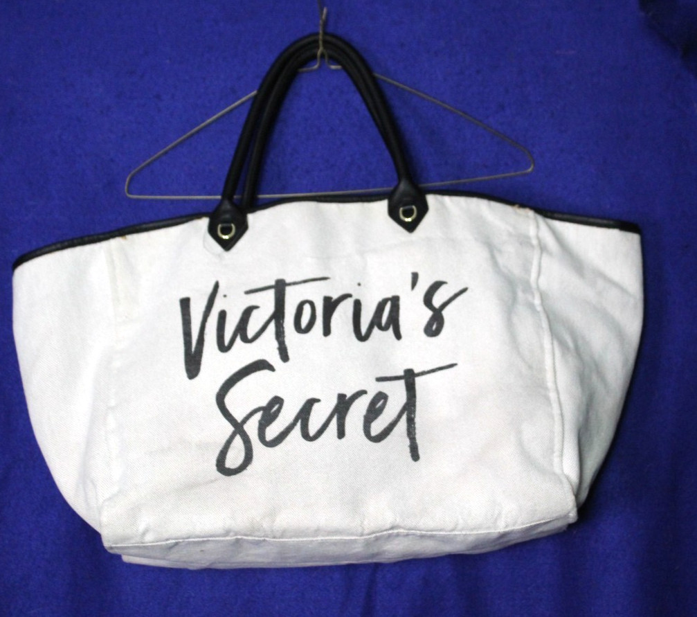 VICTORIA’S SECRET LARGE CANVAS LOGO TOTE BAG white black trim interior pocket
