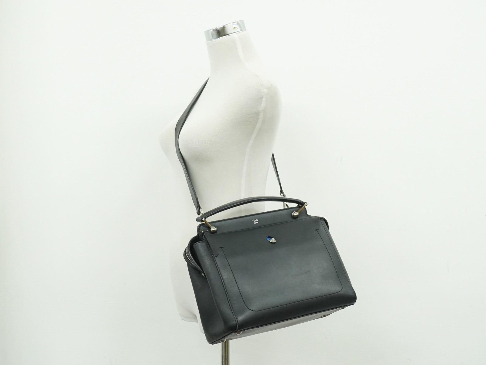 FENDI Dotcom 8BN293 Leather 2way Shoulder Top Handle Handbag Black Silver