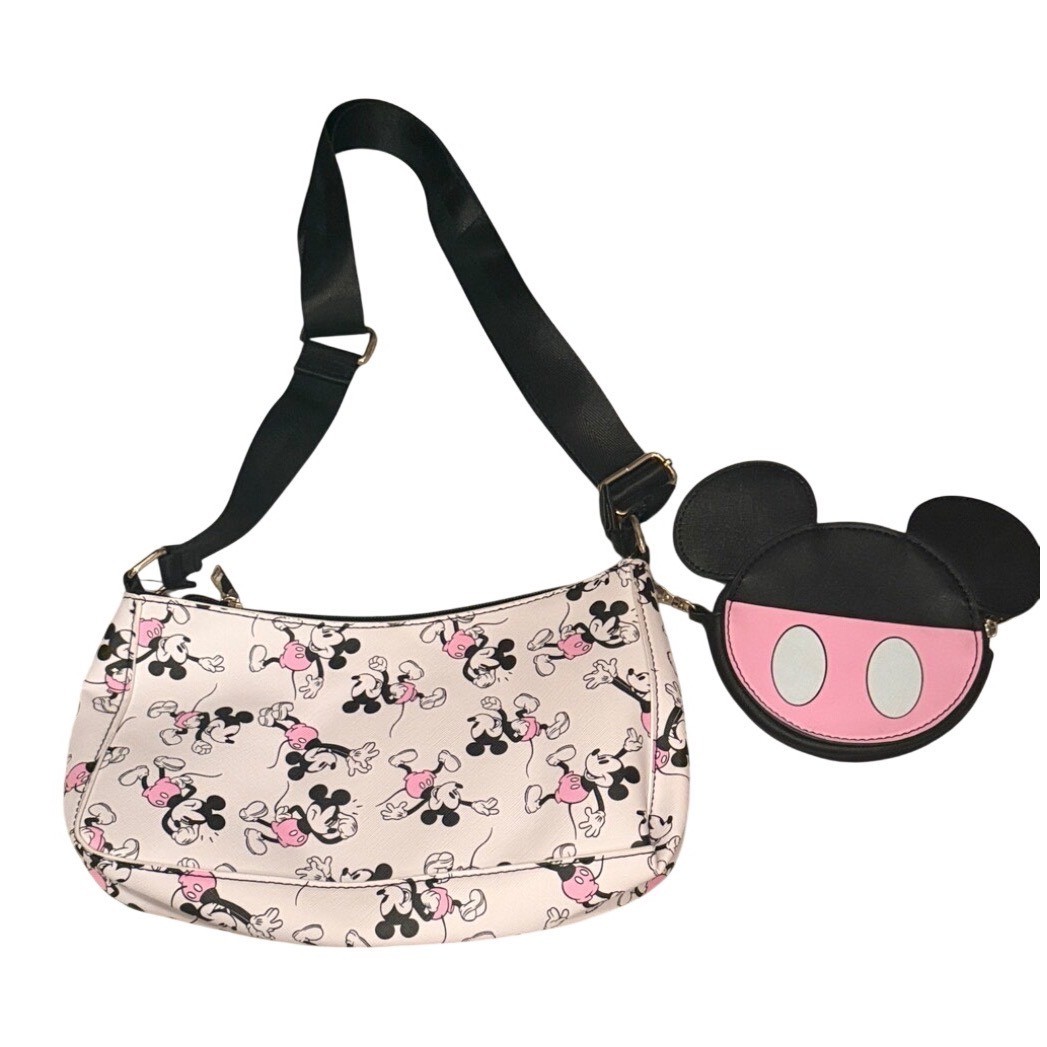 Disney Mickey Mouse Crossbody Bag with Detachable Coin Purse Pink Black All Over