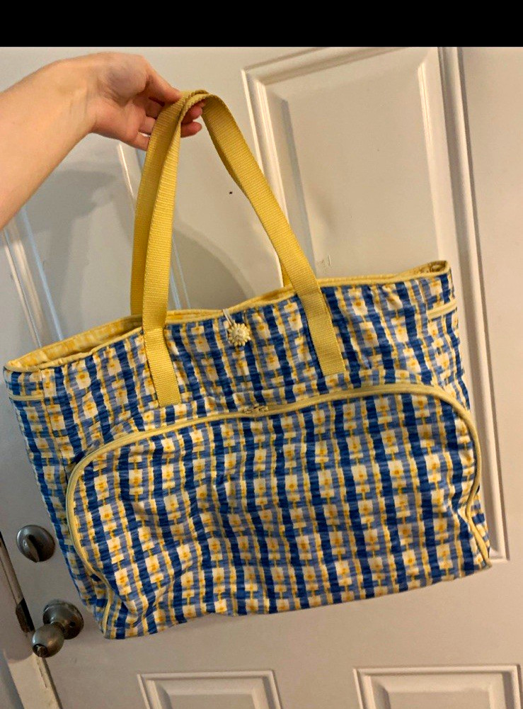 Sun charm Blue Yellow White Checkered Women’s Tote/ craft Bag Zip Inner Pocket