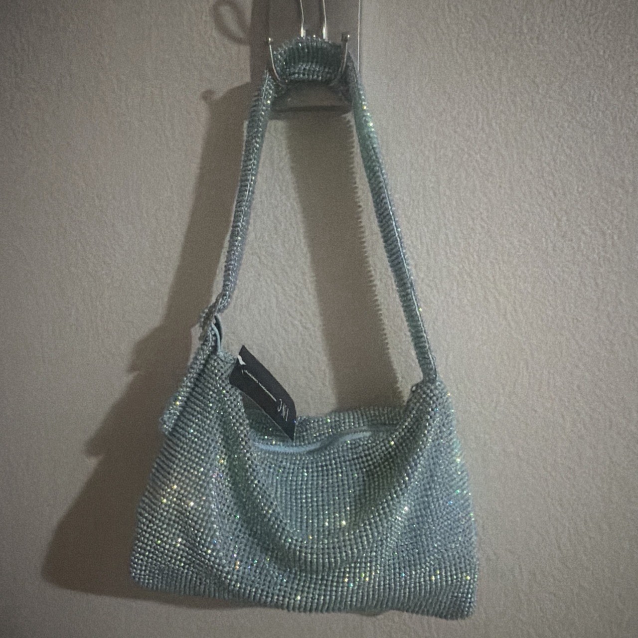 Blue Rhinestone Crystal Shoulder Bag Zip Closure Chain Strap Detachable