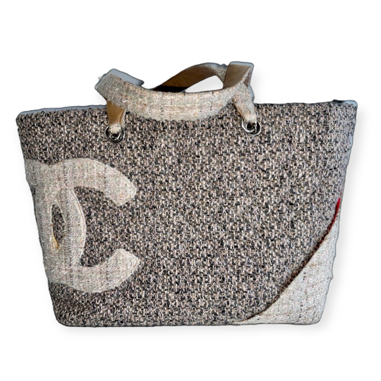 Chanel Cambon Shopping Bag Tweed Shoulder Beige CC Logo Bag Handbag