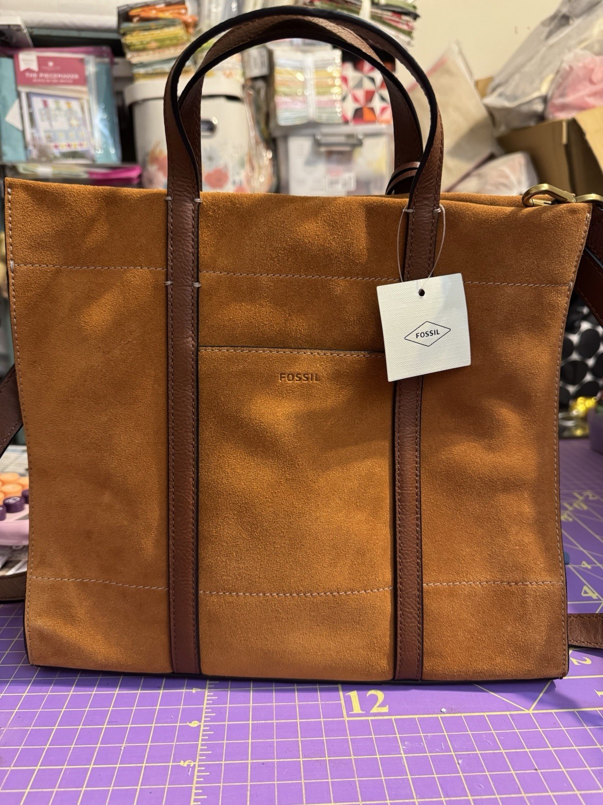Fossil Carmen Shopper Tote Medium Brown Suede Striped Crossbody Handbag
