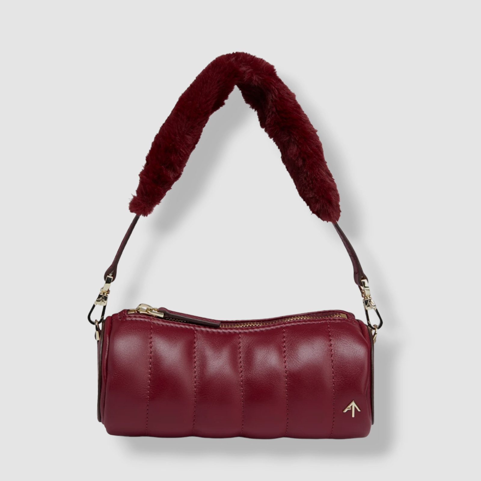 $455 Manu Atelier Women’s Red Mini Padded Cylinder Faux-Fur Leather Shoulder Bag