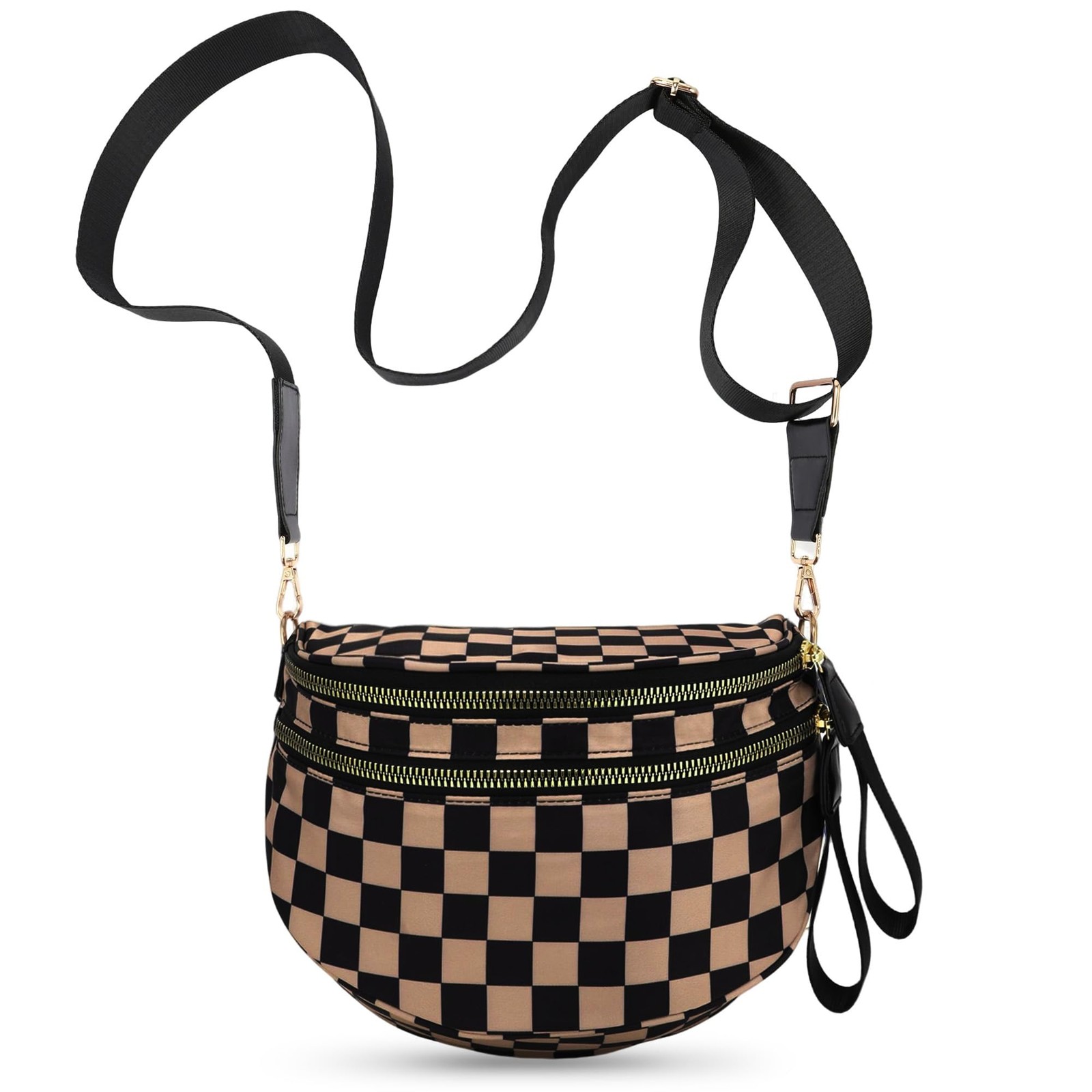 Khaki Checkered Crossbody Bum Bag Large Nylon Fanny Pack Belt Purse For Women