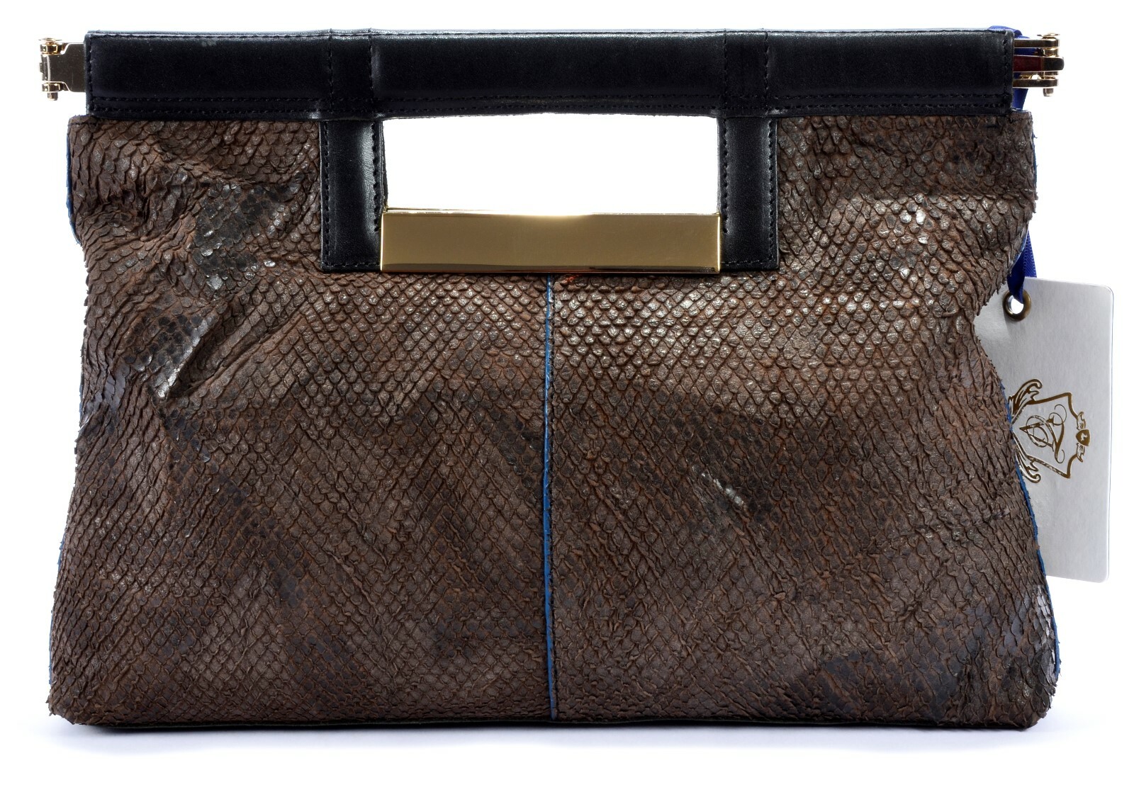 NWT TRE VERO PYTHON LEATHER SNAKE EFFECT TOP HANDLE FRAMED SMALL TOTE