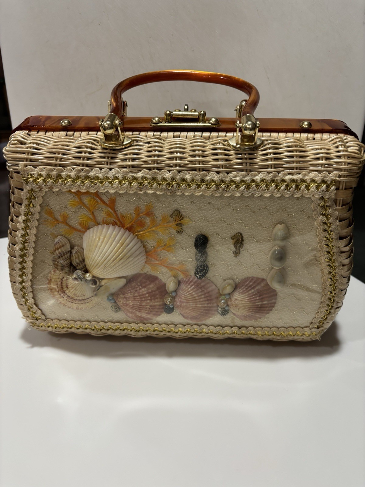 Princess Charming by Atlas Vintage Wicker Handbag Seashells Circa 1950s