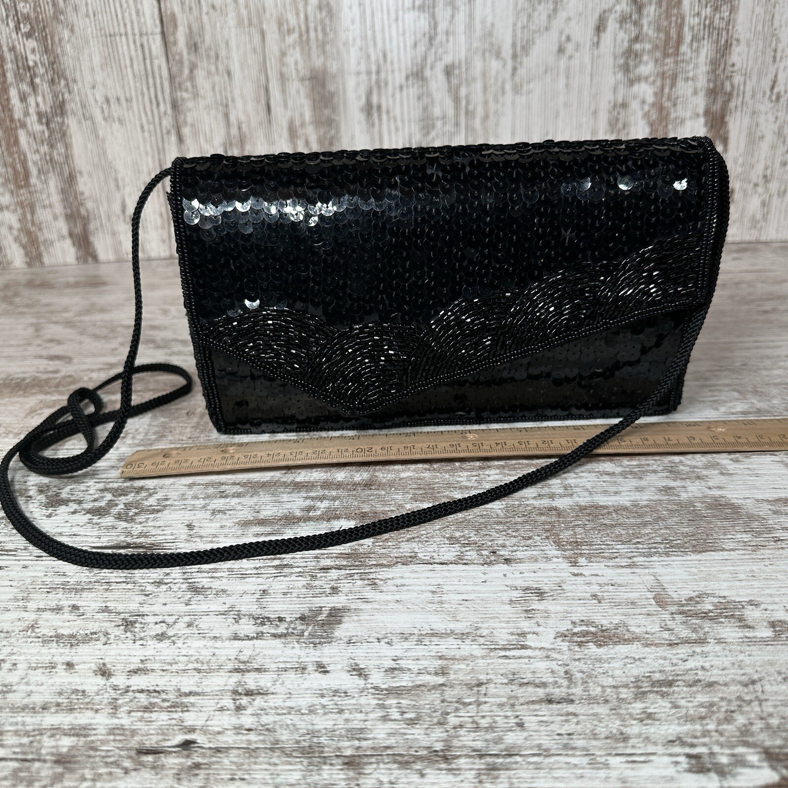 Vintage Black Beaded & Sequence, Clutch/Crossbody Purse Made In Macau 8 1/2”x 5”