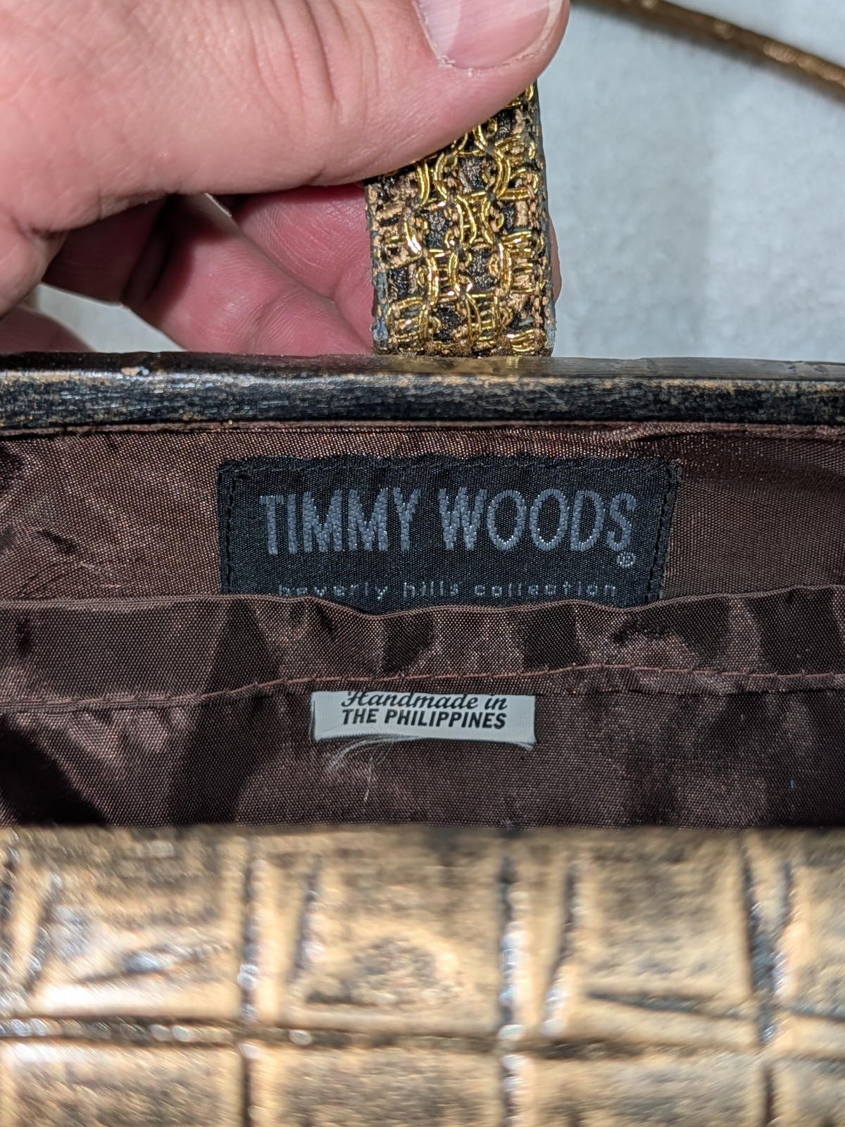 Timmy Woods Beverly Hills “Elizabeth/Louranne” Hand Carved Acacia Wood Clutch