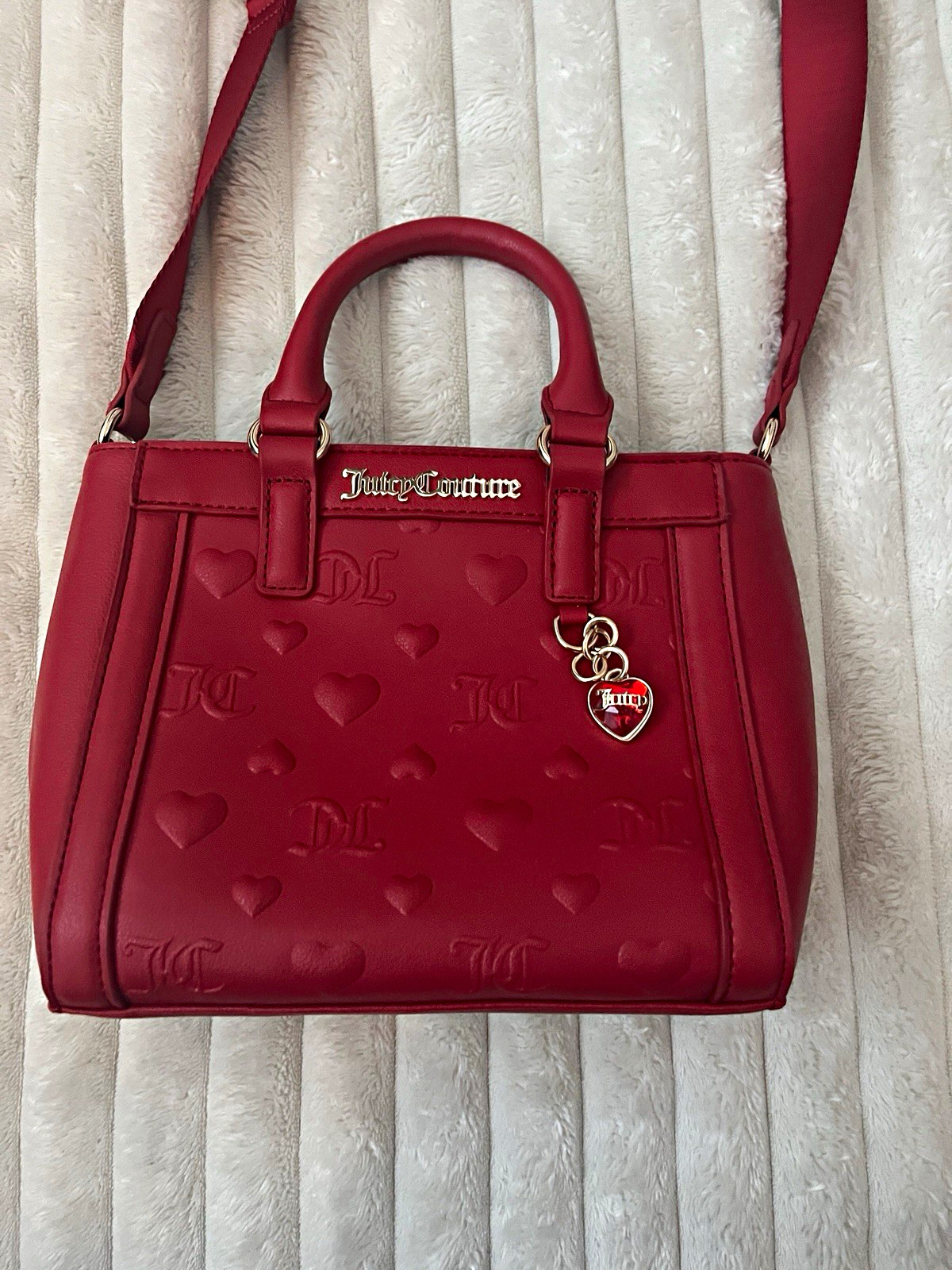 Juicy Couture Red Embossed Logo Heart Satchel Top Handle w Strap Charm