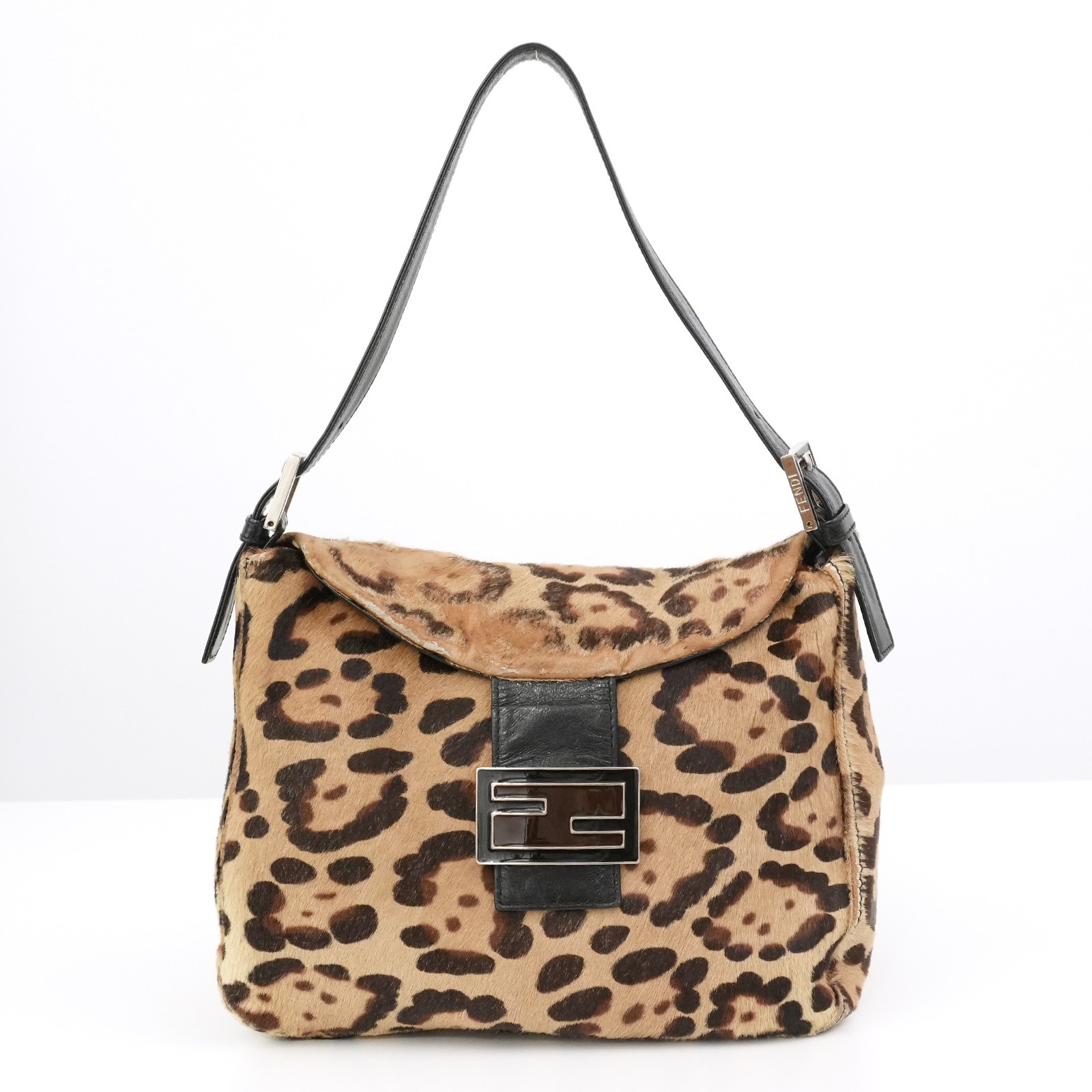 FENDI Pony Hair Mamma Baguette Shoulder Bag Leopard Pattern Auth #56895A