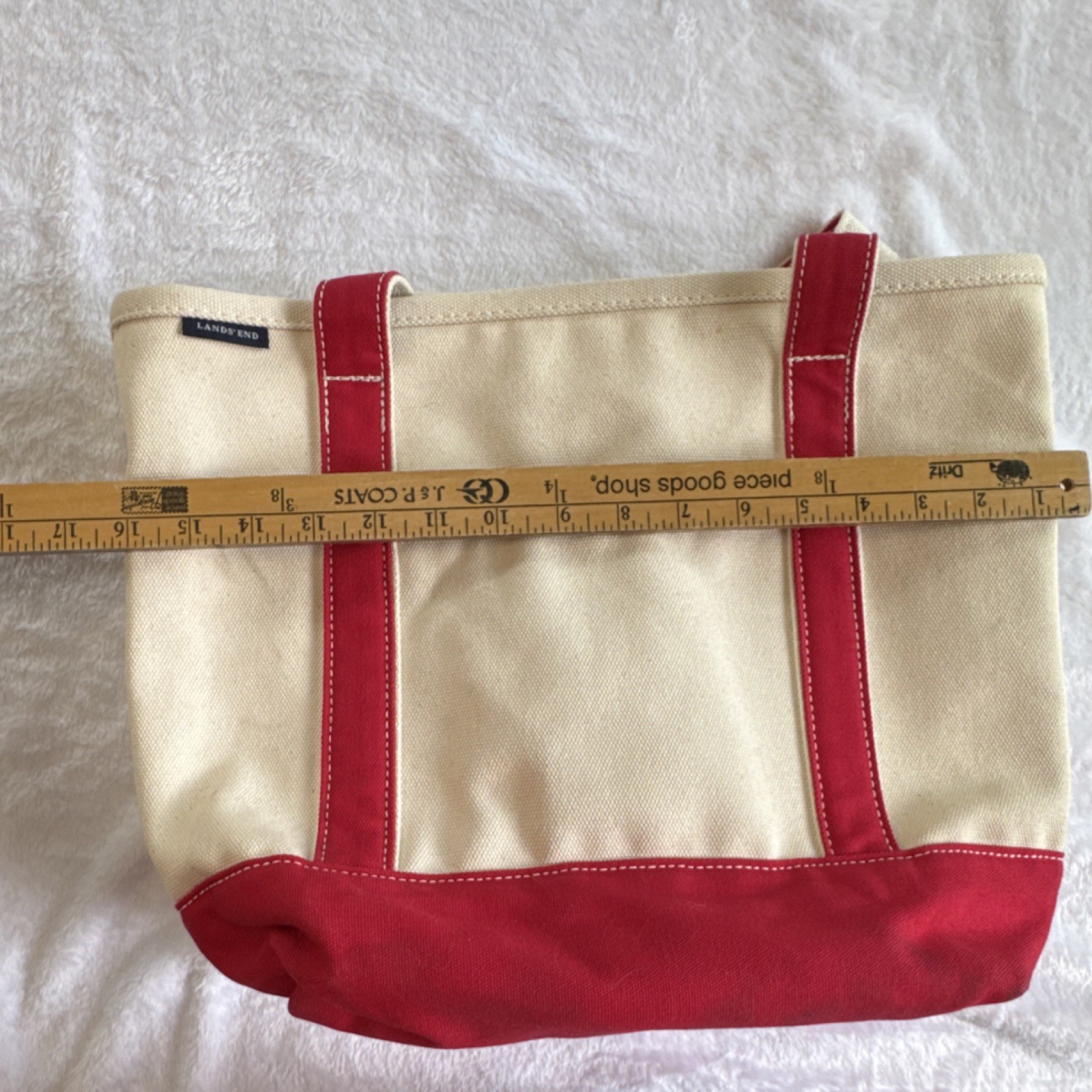 Lands’ End Beige Red Colorblock Tote Large Double Handles Key Holder Pockets