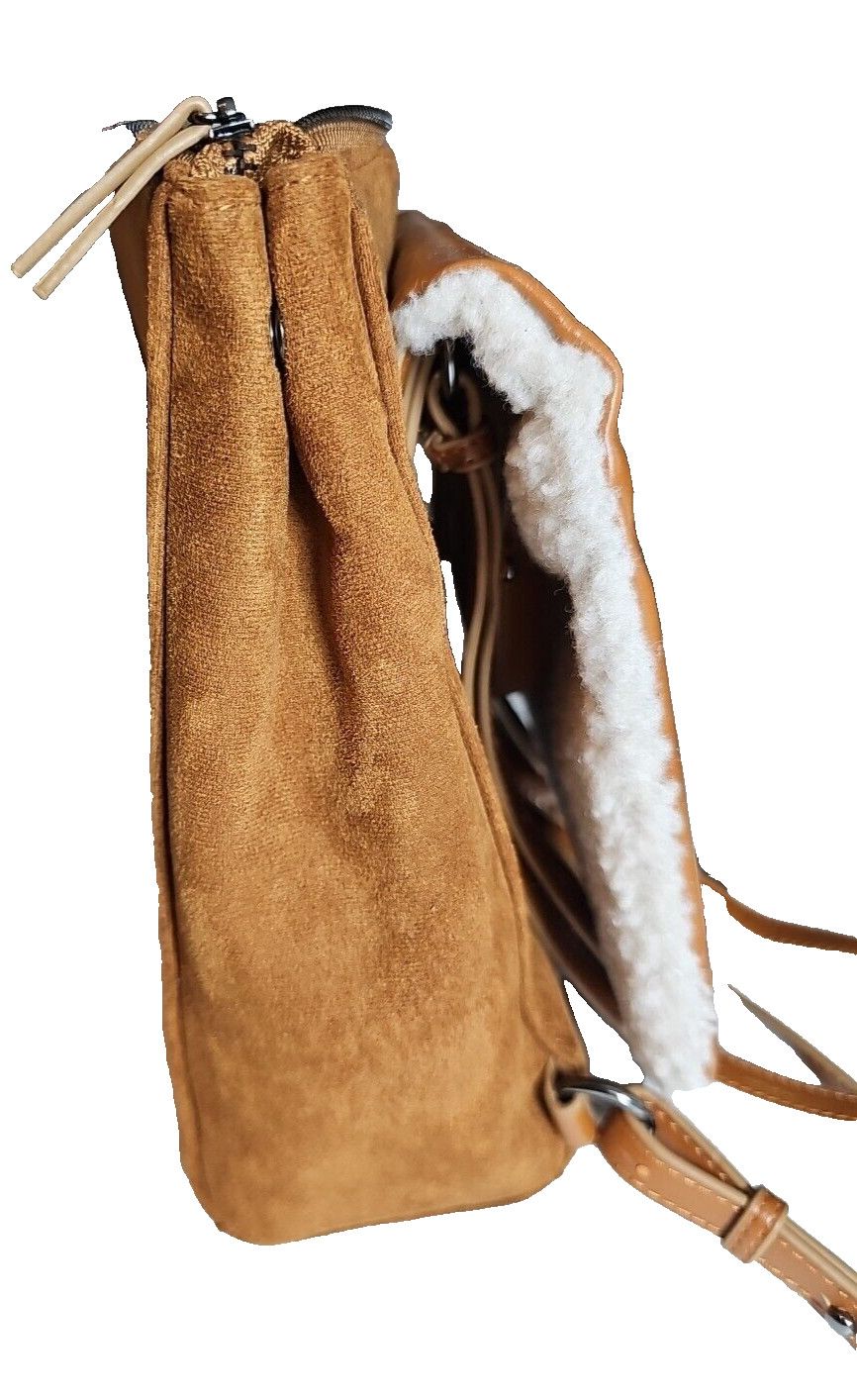 BEARPAW Backpack Bag Brown Faux Suede Shearling Flap Women’s Purse 10in X 9.5in