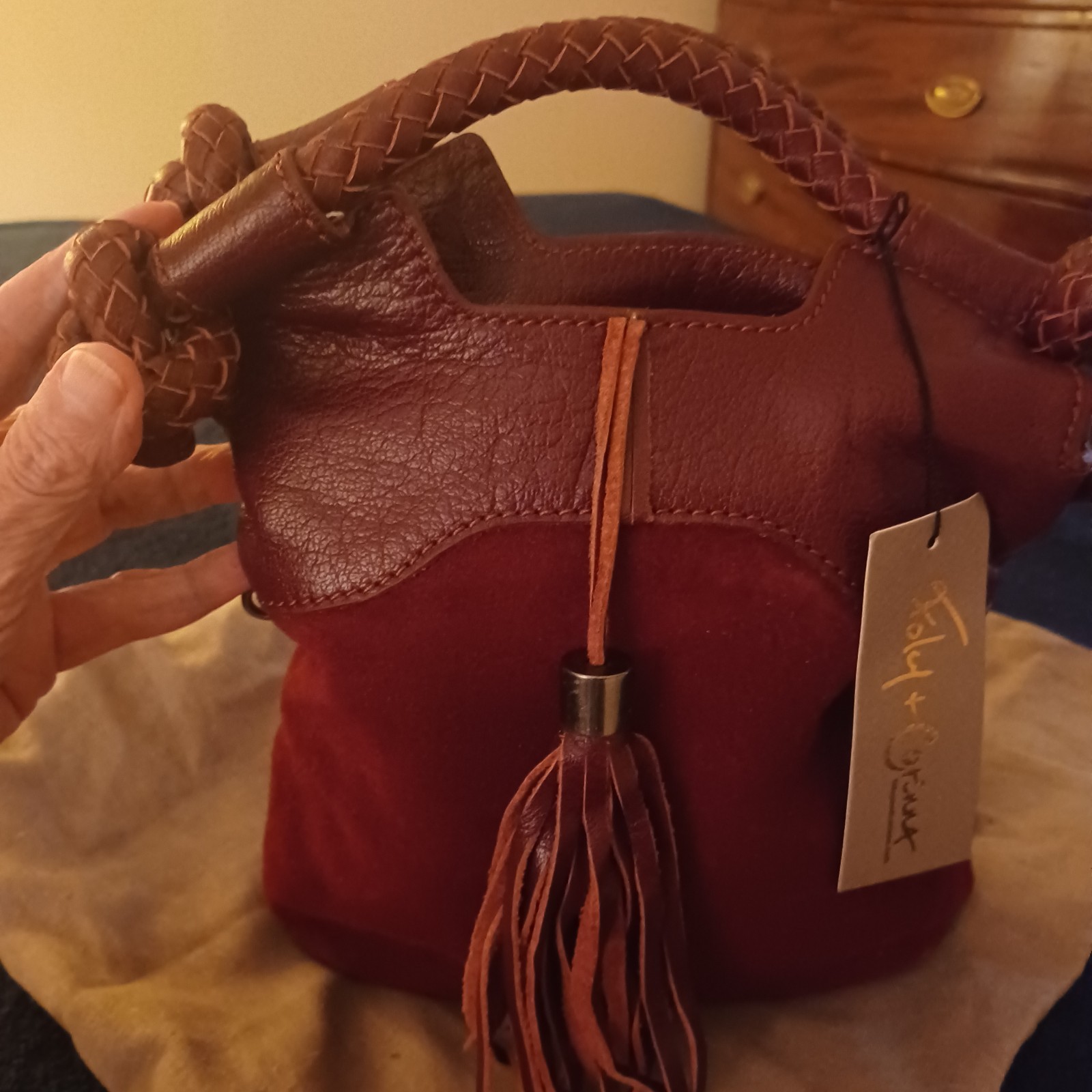 Foley + Corinna Suede Burgundy Top Handle Bag Braided Tassel w/ Dust Bag