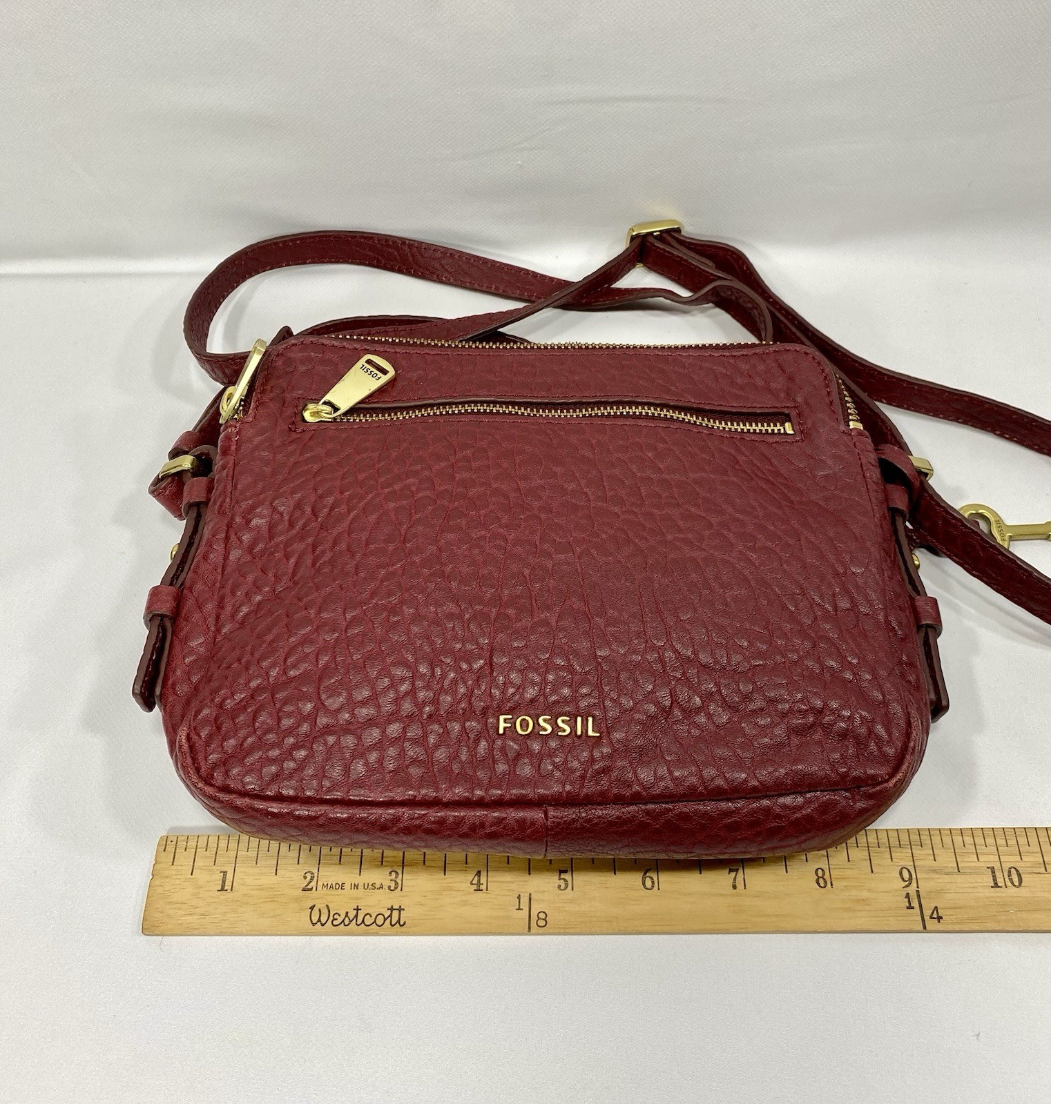 Fossil Piper Toaster Crossbody Burgundy Wine Pebbled Leather Bag Purse Medium