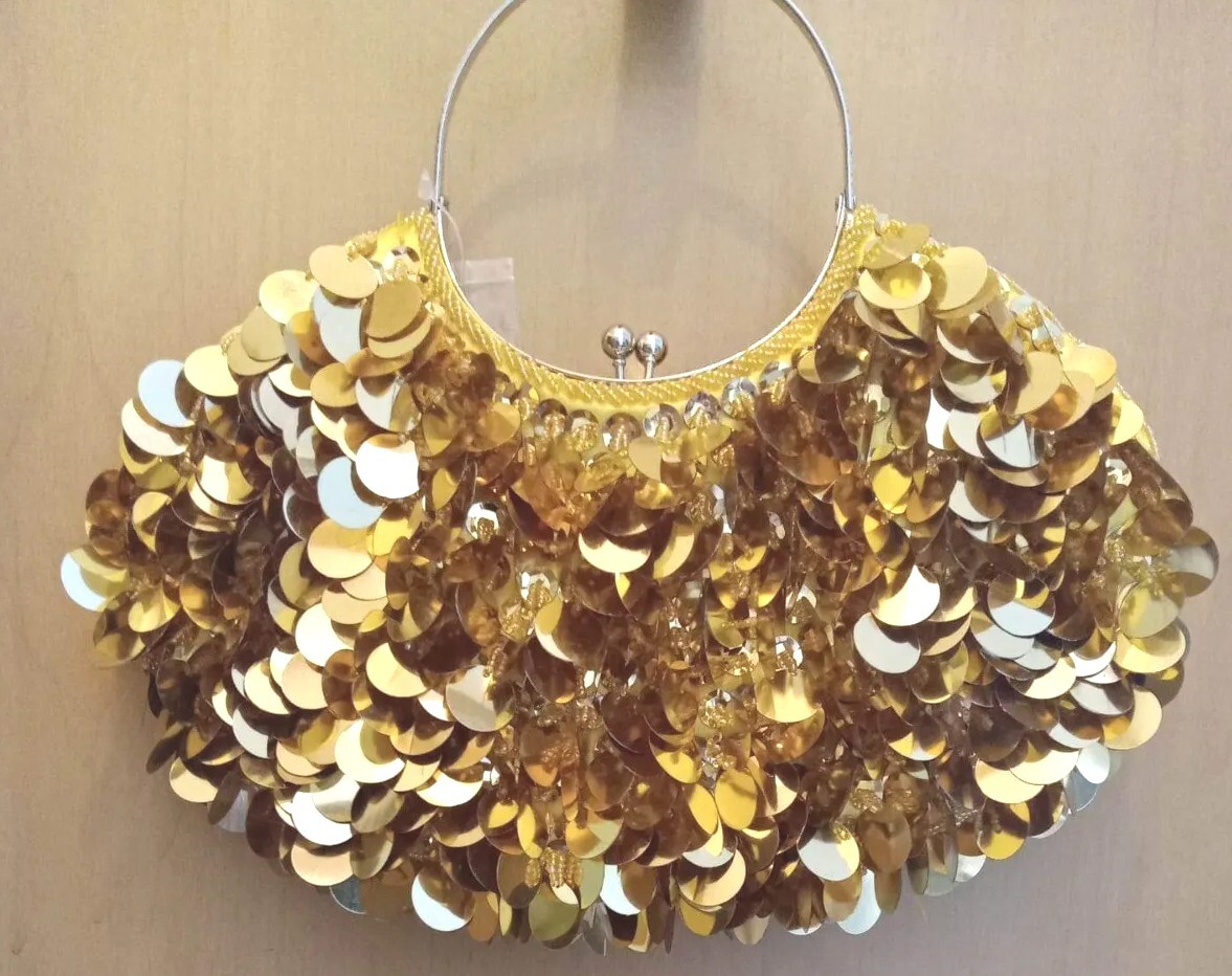 Purse, Max Mayer,Large Gold Sequins,and tiny Pearls, Single Silver Handle.