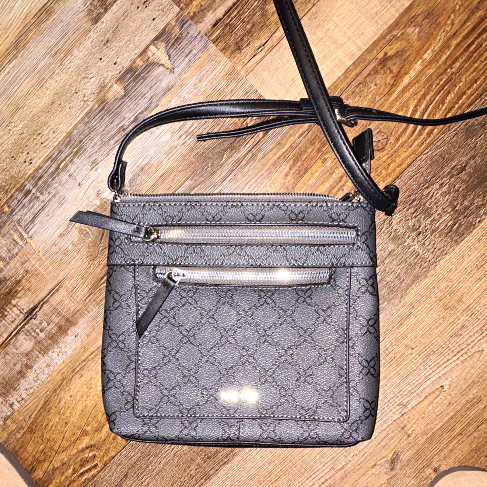 Nine West Small Gray/Black Logo Crossbody Zip Bag, Adjustable Strap Pockets
