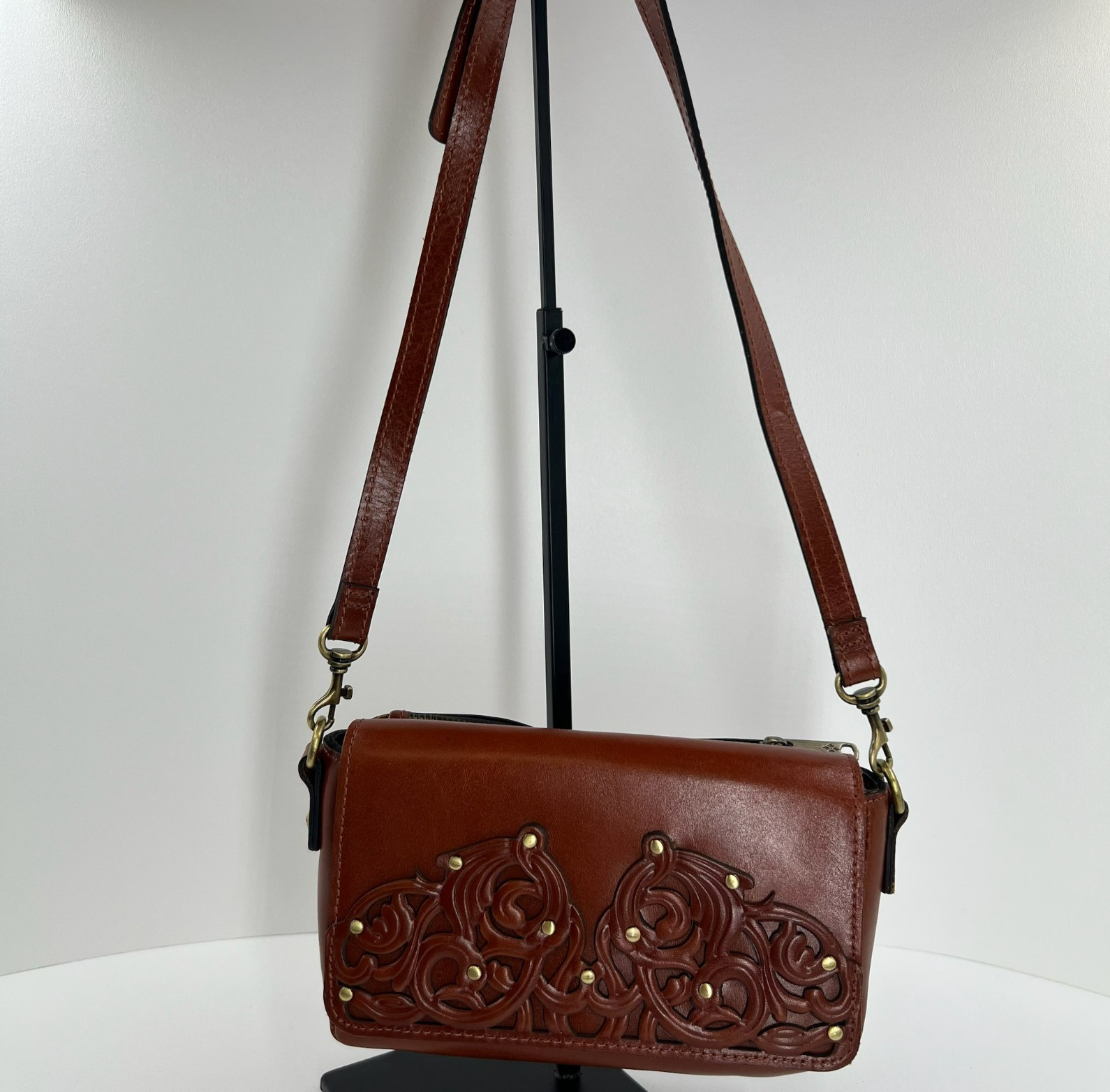 Patricia Nash Lille Studded Leather Crossbody Bag Filigree Tooled Floral Brown