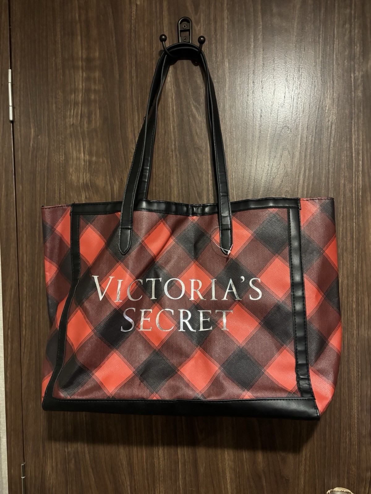 Victoria’s Secret Red/Black Buffalo Plaid PU Weekender Tote Bag Lightweight