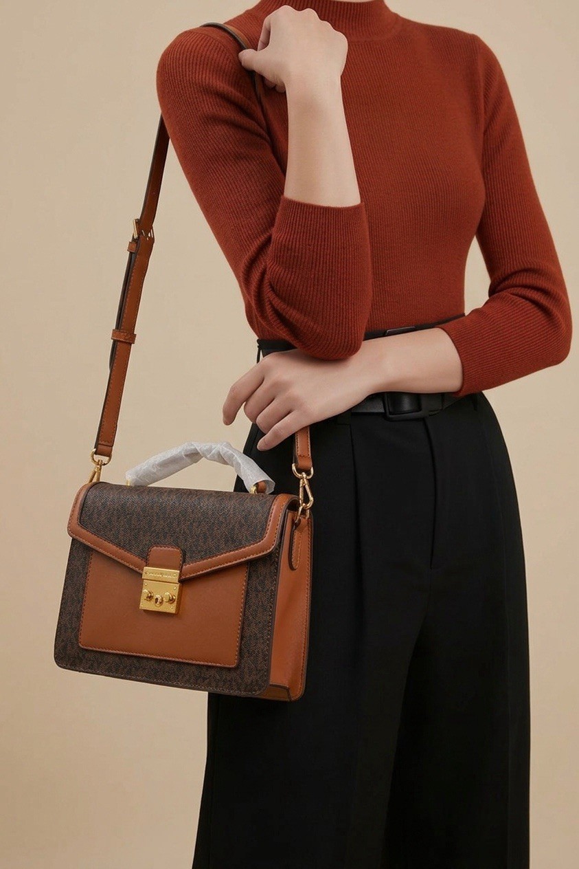 Women’s Small Brown Satchel Top Handle Crossbody Bag Push Lock Gold Hardware