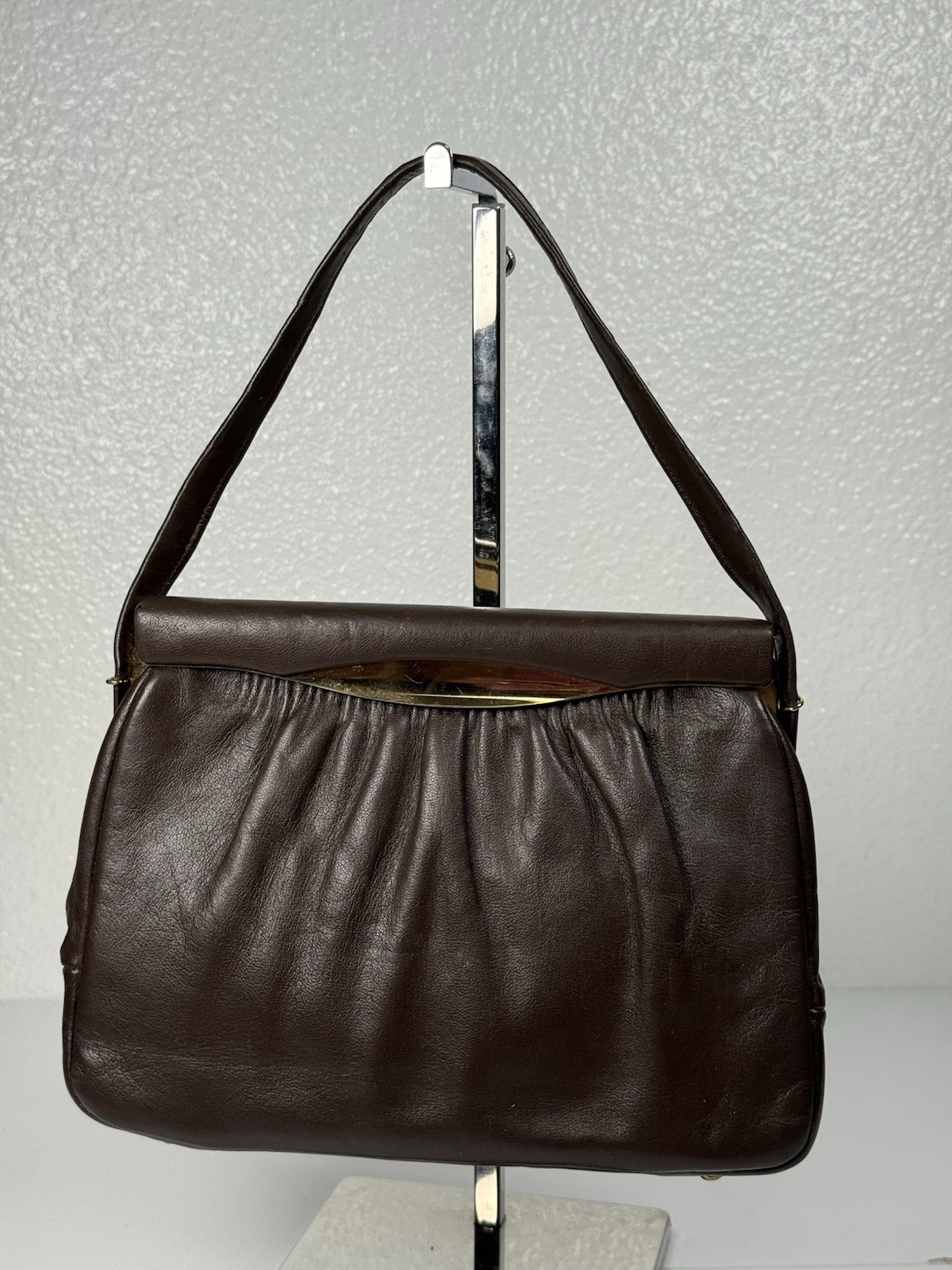 Vintage Etra Womens Chocolate Brown Leather Classic Top Handle Clutch Bag Purse