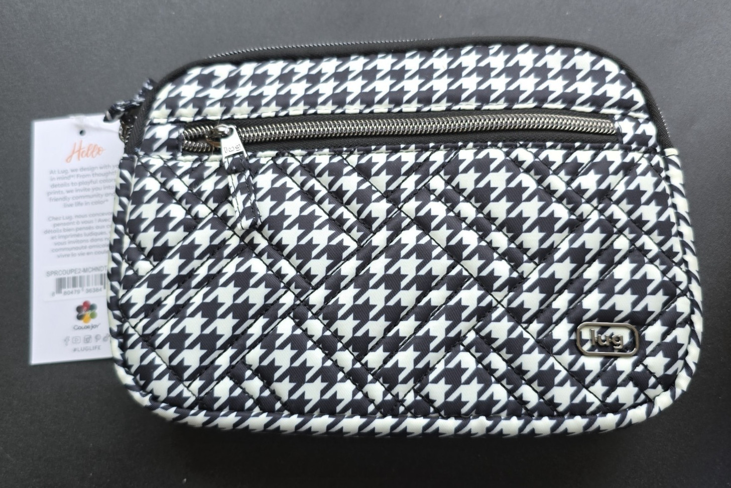 Lug Super Coupe2 Houndstooth Black 3 Zip Pockets Quilted Crossbody Bag Strap NEW