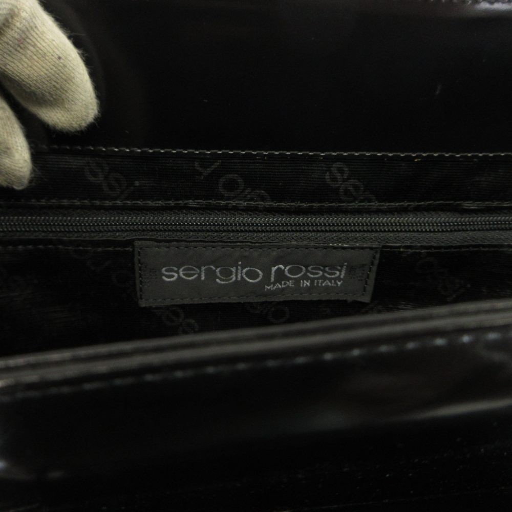 Sergio Rossi Handbag Black Enamel Square Silver Handle Embossed Used