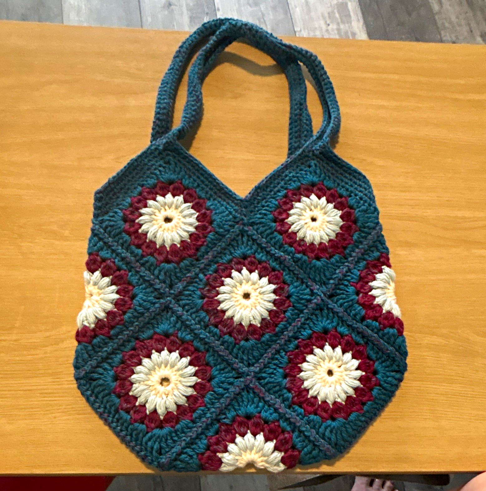 Handmade Crochet Granny Square Purse Bag Teal Burgundy Cream Floral Bohemian