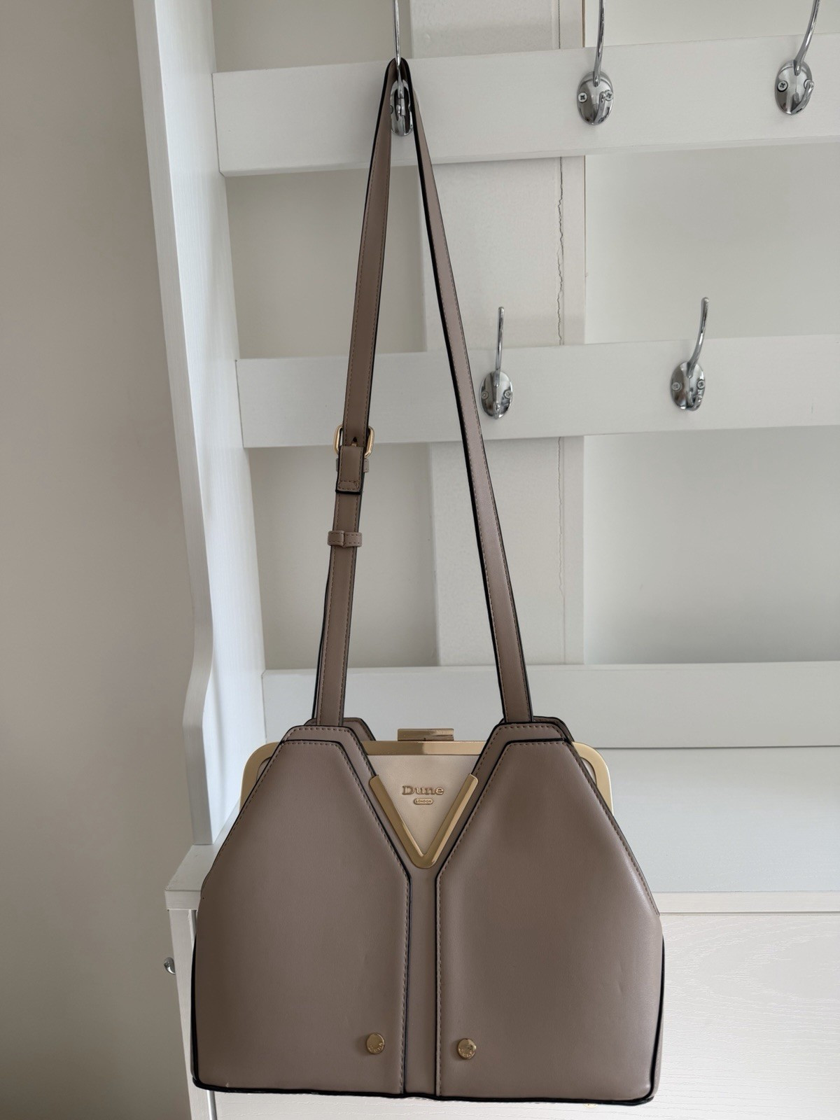 Dune Taupe Medium V-Front Shoulder Bag Logo Accent Gold Hardware Detach Strap
