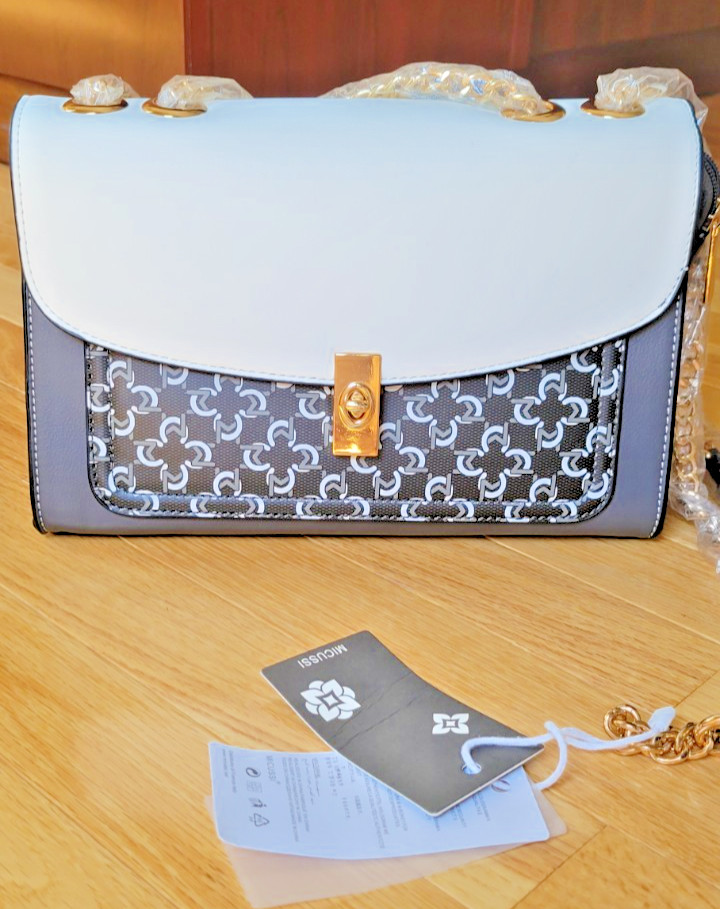 NEW w/Tags -Micussi Hand or Shoulder Bag- Gray, Ivory & Black w/Gold Chain Strap