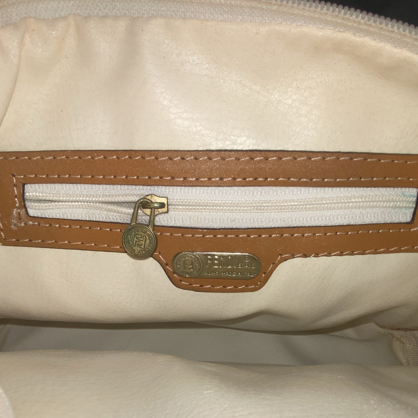 Fendi Ivory Tan Striped Satchel Top Handle Zip Detachable Strap Gold HW