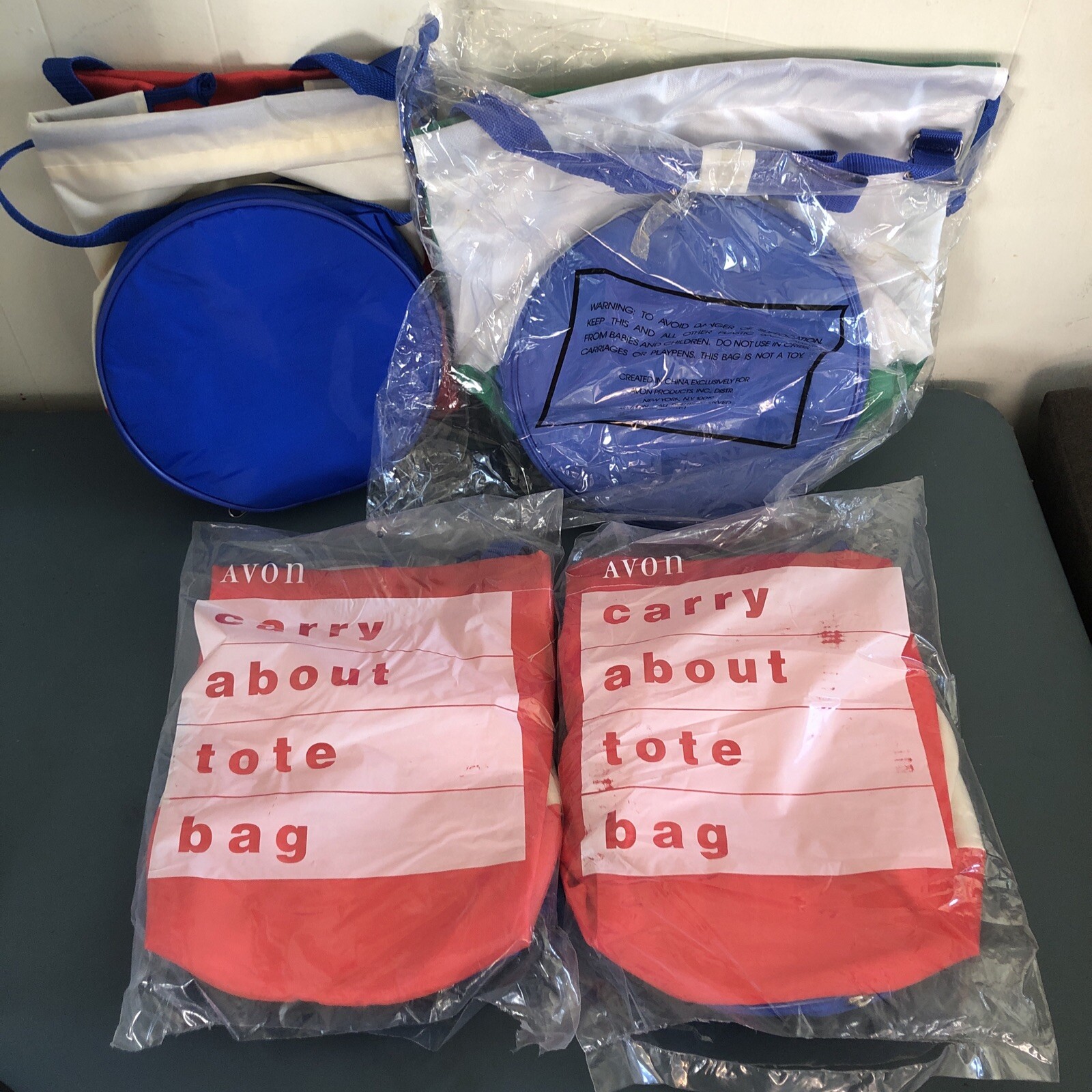 VINTAGE Lot Of 4 AVON Carry About Tote Bag w/ Cooler Compartment, Red/White/Blue