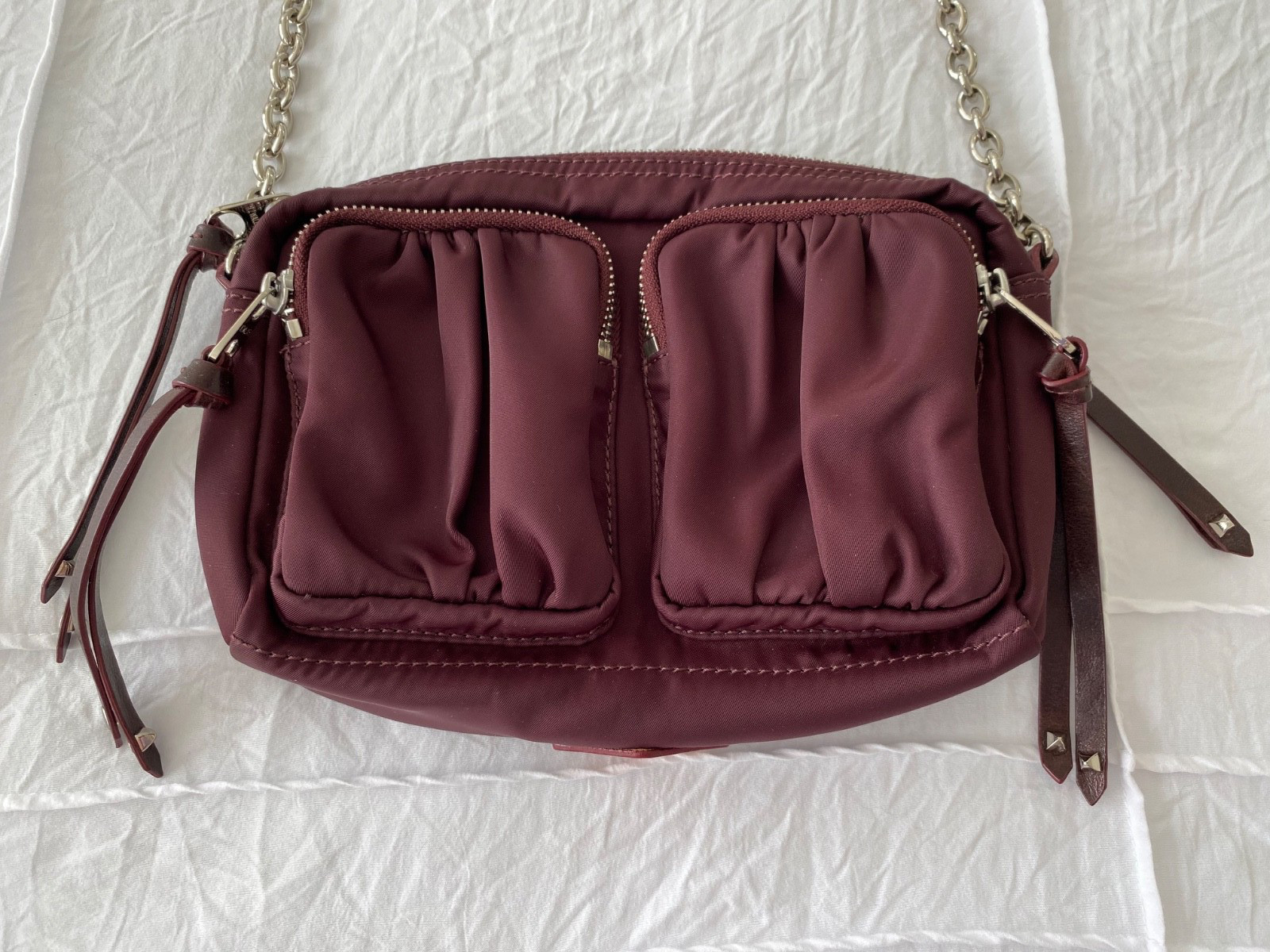 MZ Wallace Crossbody Burgundy Nylon and Leather Trim With Chain Handbag